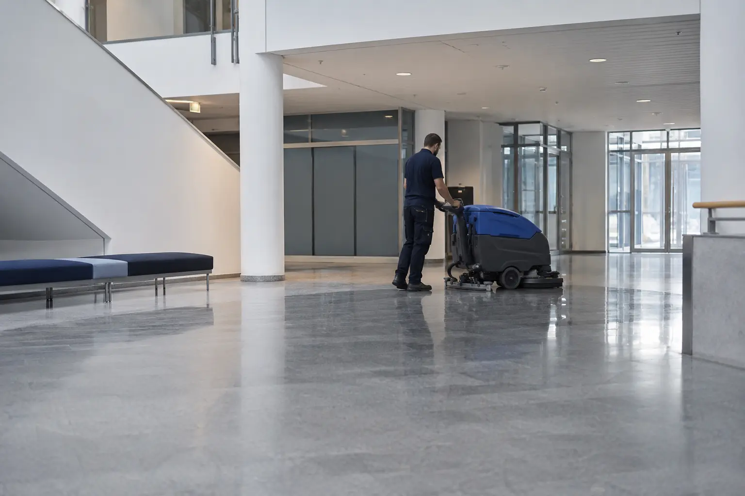 Mitarbeiter mit Bodenreinigungsmaschine in einem großen, hellen Innenbereich