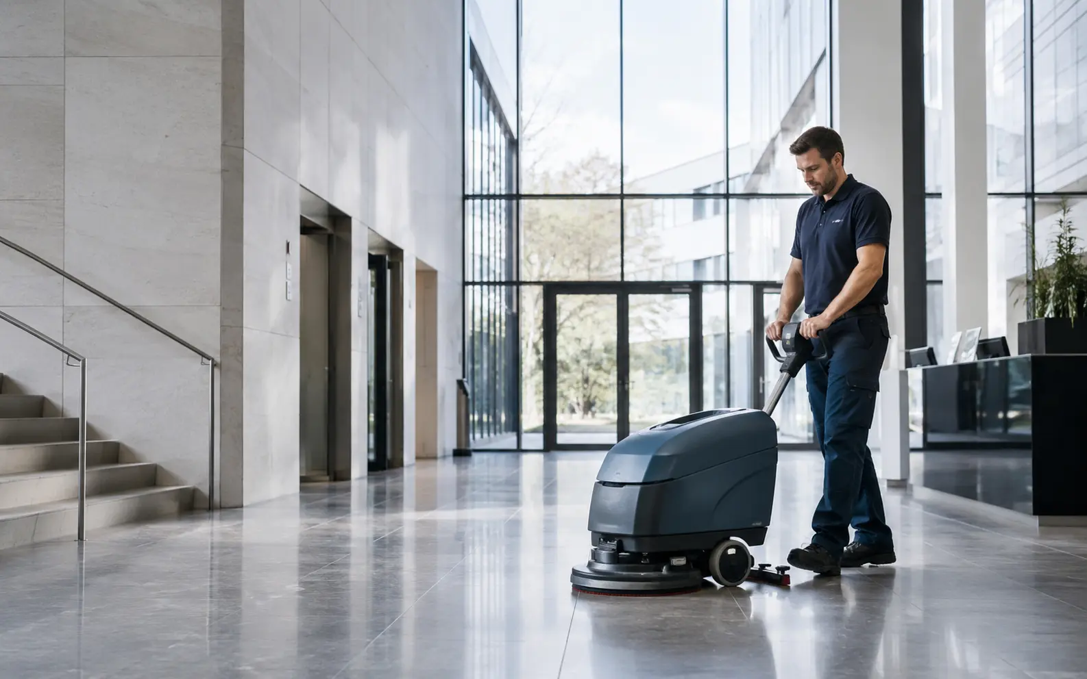 Mitarbeiter mit Bodenreinigungsmaschine in einem modernen Eingangsbereich