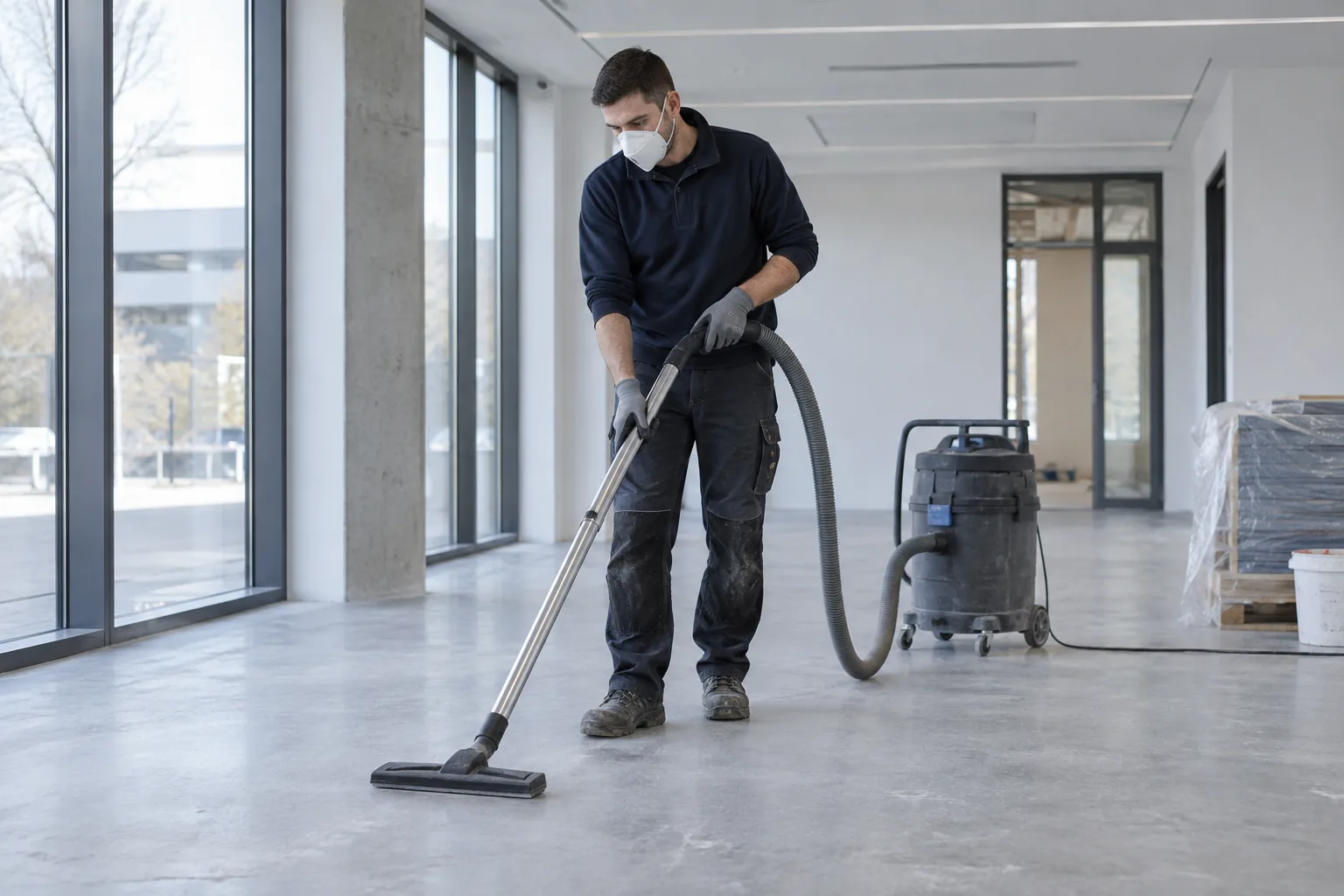 Entfernung von Baustaub mit einem Industriesauger nach Bauarbeiten