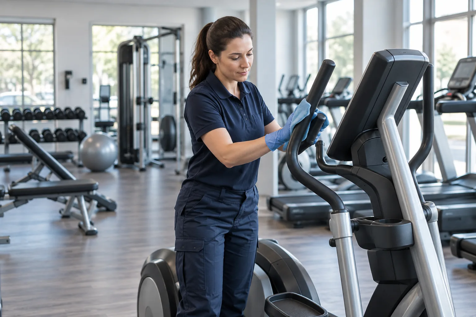 Reinigung der Kontaktflächen eines Trainingsgeräts im Fitnessstudio