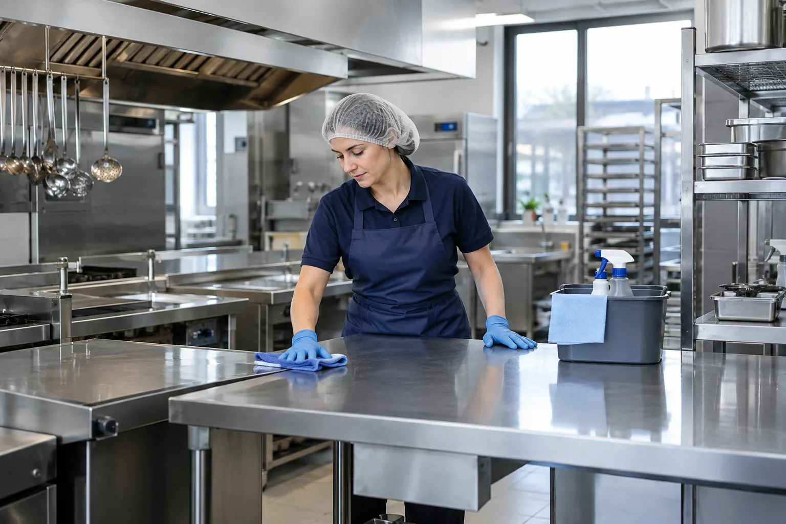 Reinigung einer Edelstahl-Arbeitsfläche in einer gewerblichen Küche