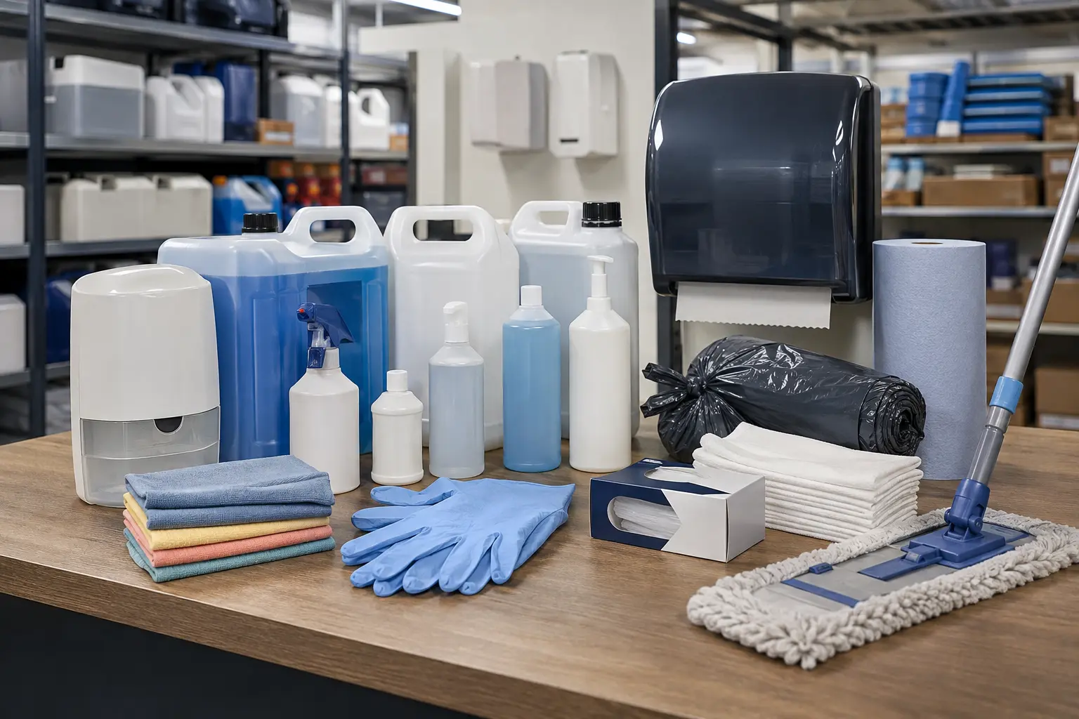 Reinigungsmittel, Spender, Tücher, Handschuhe und weitere Verbrauchsartikel vor Lagerregalen