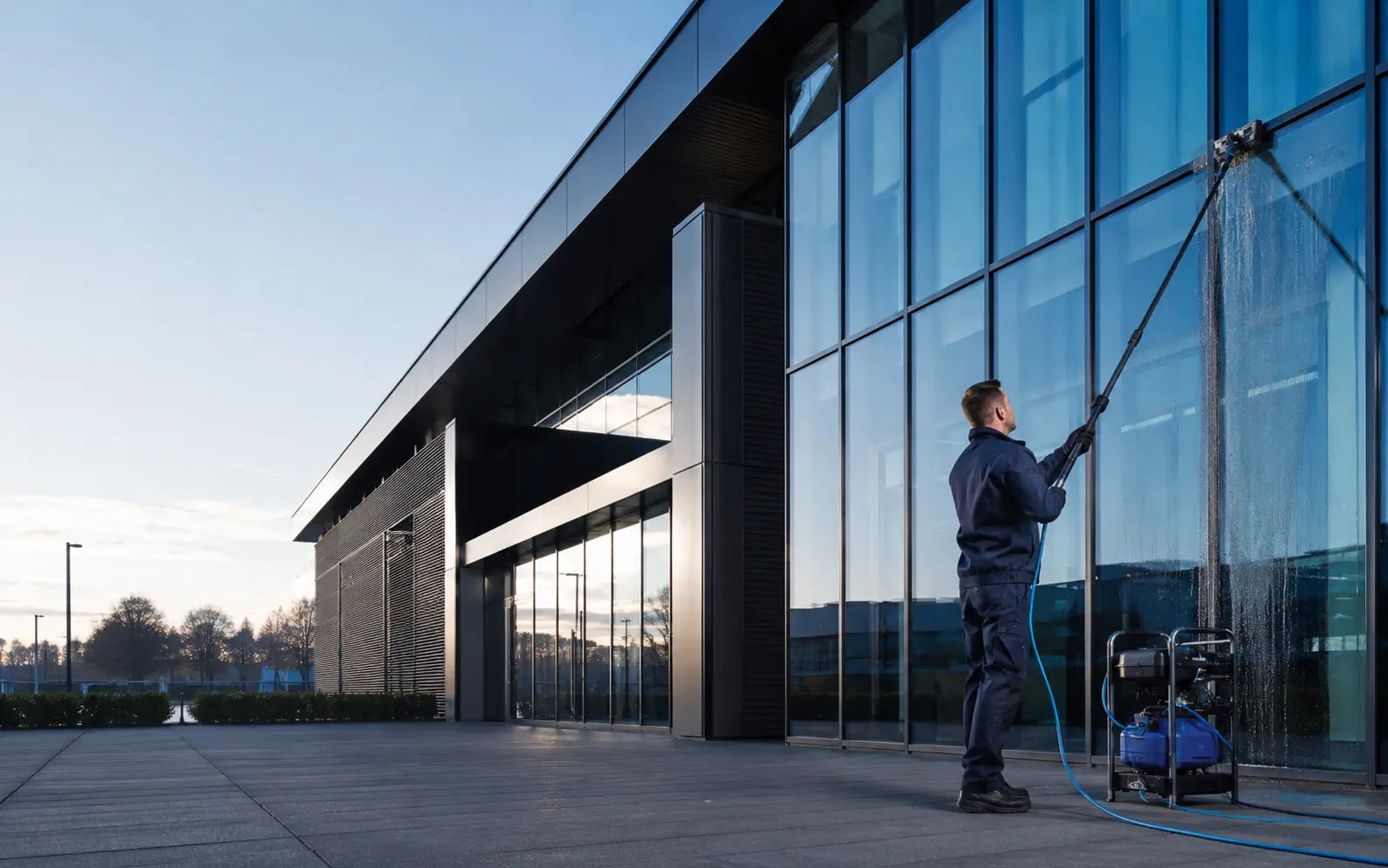 Professionelle Fassaden- und Glasreinigung an einem Gewerbegebäude