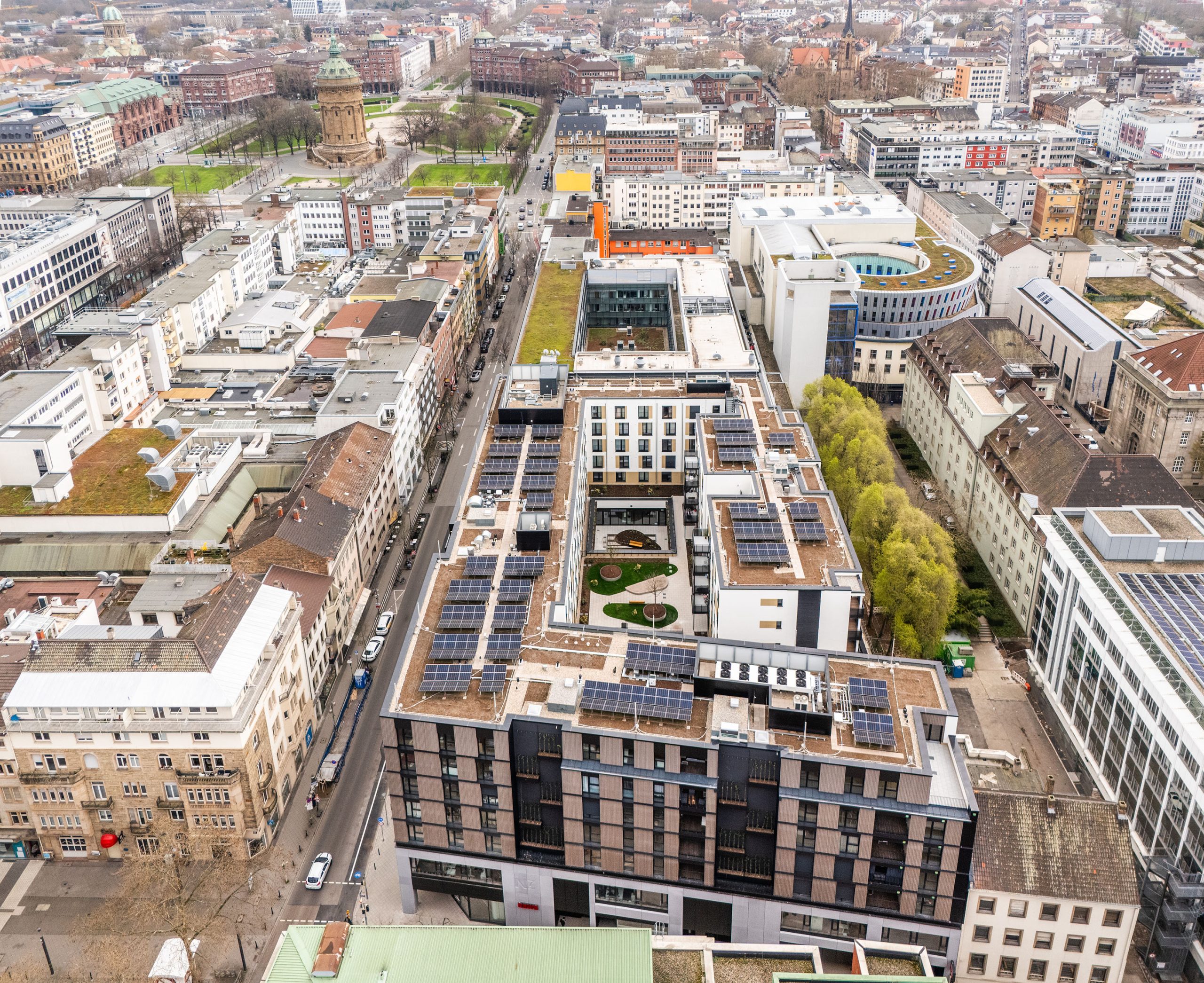 Luftaufnahme des Gebäudekomplexes NEW7 in Mannheim