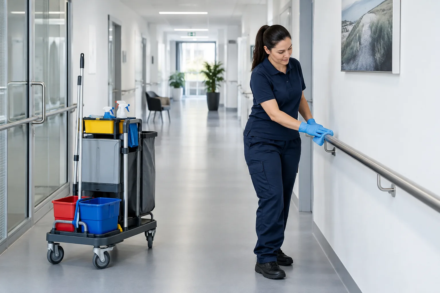Reinigung eines Handlaufs im Flur einer Gesundheitseinrichtung