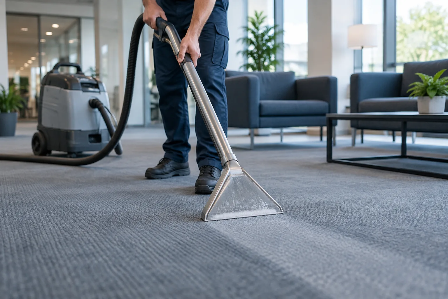 Sprühextraktion eines Teppichbodens in einem gewerblichen Raum