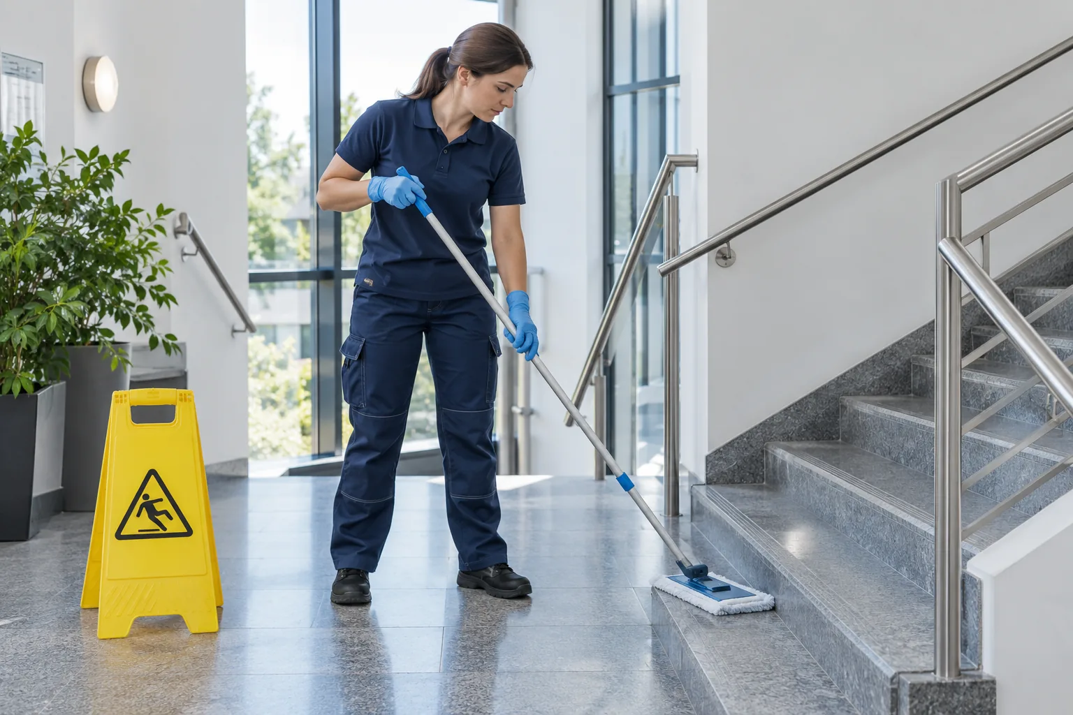 Feuchtreinigung eines steinernen Treppenabsatzes mit aufgestelltem Warnschild