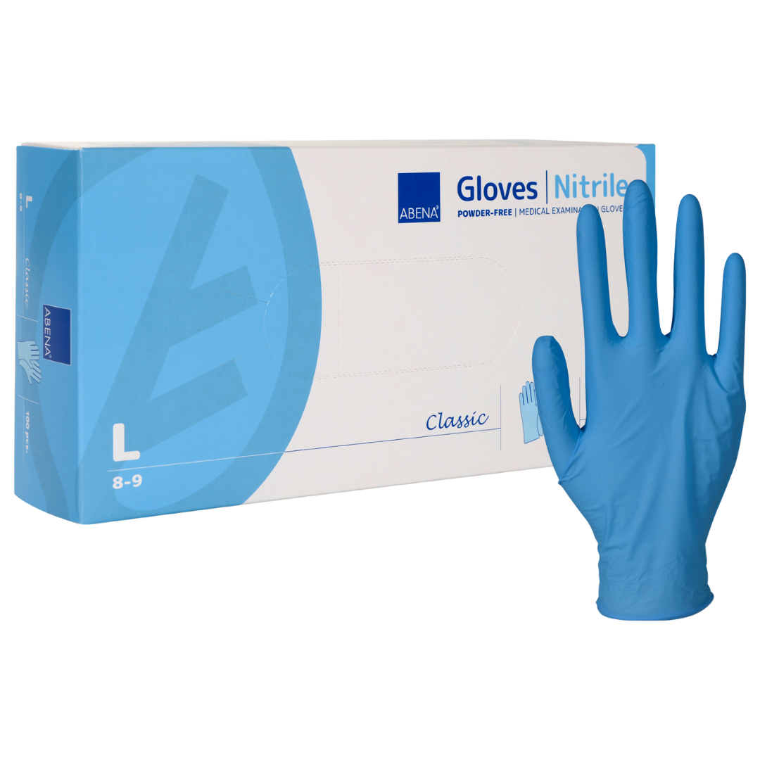 Blaue ABENA Nitril-Einmalhandschuhe mit Originalverpackung